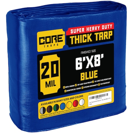 Core Tarps Heavy Duty Tarp, 8 ft L x 0.5 mm H x 6 ft W, 20 Mil, Blue, Polyethylene CT-705-6X8